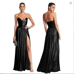 Retrofete Waldorf Pleated Lame Gown Maxi Strapless Ruched Side Slit Black Size M